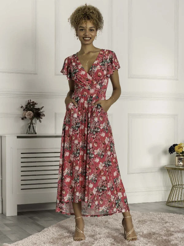 Piper Dip Hem Mesh Maxi Dress, Hot Pink Chic Sleeveless Maxi Dress