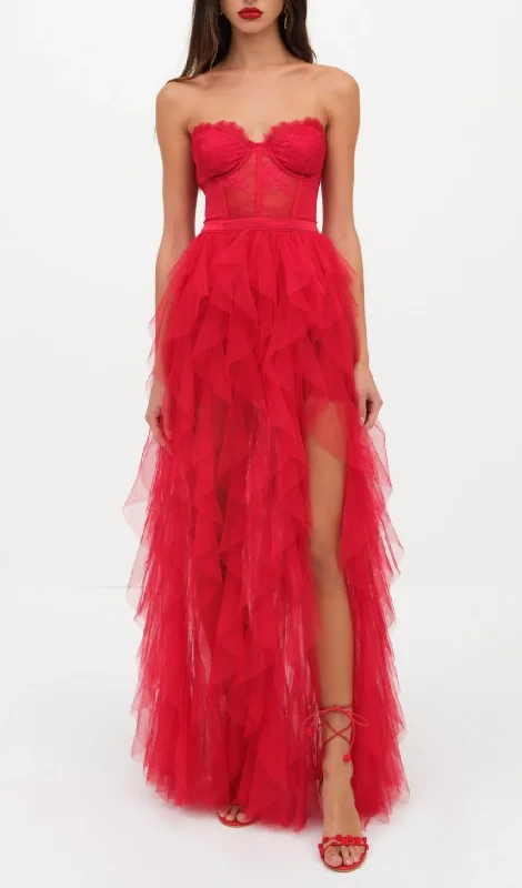 RED STRAPLESS LACE PATCHWORK MESH MAXI DRESS Elegant Wraparound Maxi Dress