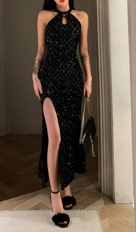 RETRO BUTTONED HALTERNECK SLIT SEQUINED MAXI DRESS Fashionable Halter Neck Maxi Dress RETRO BUTTONED HALTERNECK SLIT SEQUINED MAXI DRESS Fashionable Halter Neck Maxi Dress