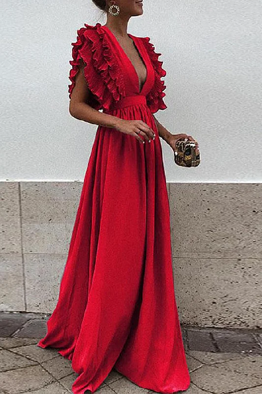 Ruffle Sleeve Plunge V-neck Solid Maxi Dress Classic V-Neck Maxi Dress