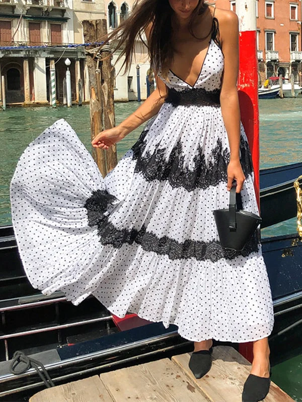 Sexy V-neck Polka Dot Spagetti Strap Lace up Summer Maxi Dress Comfortable Ruffle Maxi Dress Sexy V-neck Polka Dot Spagetti Strap Lace up Summer Maxi Dress Comfortable Ruffle Maxi Dress