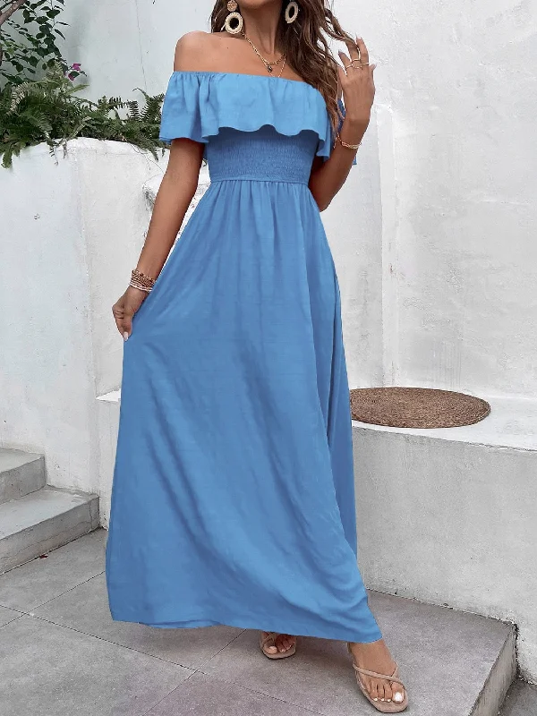 Smocked Ruffled Off-Shoulder Maxi Dress Stylish Button-Up Maxi Dress