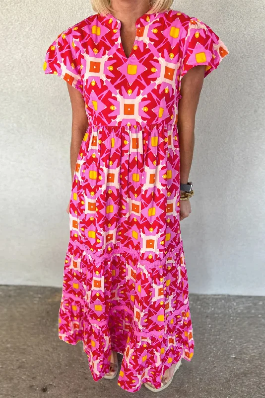 Blue Zone Planet | Strawberry Pink Geo Print V-neck Maxi Dress Elegant Wraparound Maxi Dress Blue Zone Planet | Strawberry Pink Geo Print V-neck Maxi Dress Elegant Wraparound Maxi Dress