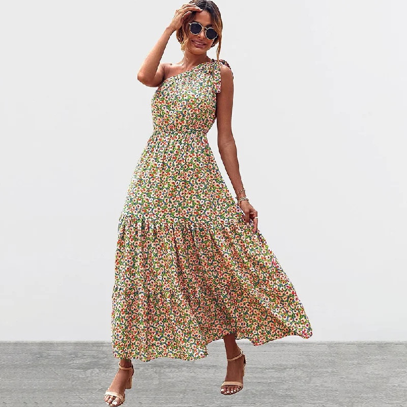 Summer Floral Print Boho Casual Long Dresses Women Sexy Backless One Shoulder Lace Up Pleated Patchwork Beach Party Maxi Dress Stylish Longline Maxi Dress Summer Floral Print Boho Casual Long Dresses Women Sexy Backless One Shoulder Lace Up Pleated Patchwork Beach Party Maxi Dress Stylish Longline Maxi Dress
