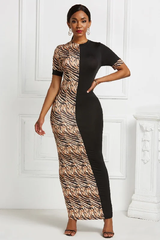 Two-Tone Round Neck Short Sleeve Maxi Dress Stylish Empire Waist Maxi Dress