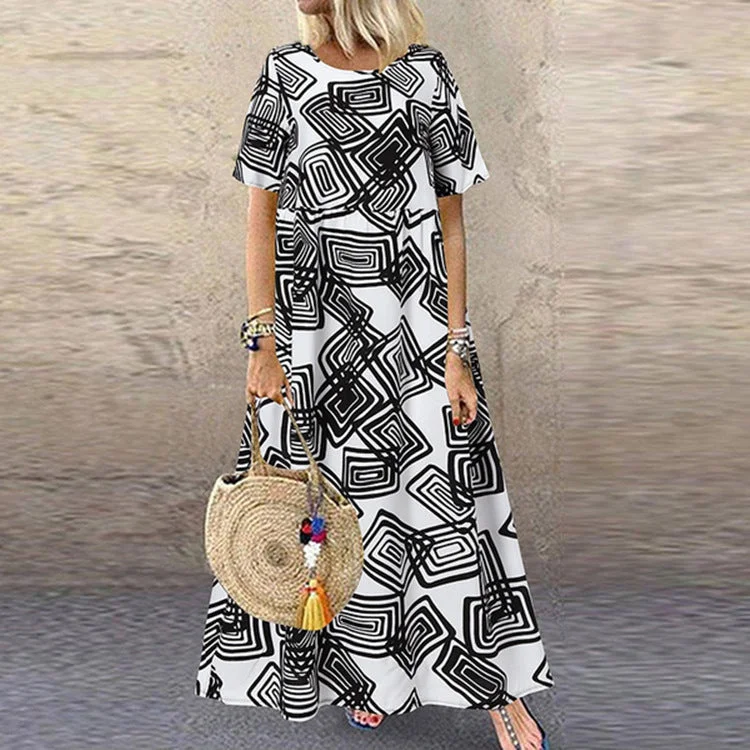 Vintage Summer Short Sleeves Long Maxi Dresses Comfortable Cotton Maxi Dress