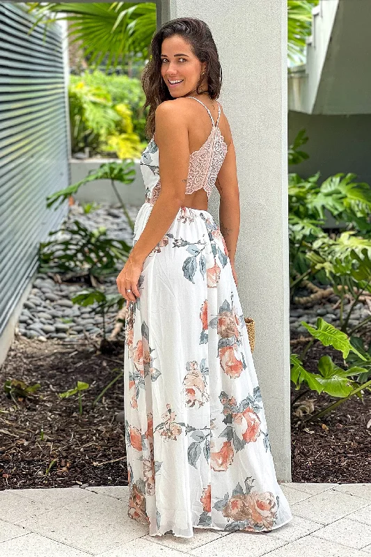 White And Salmon Floral Maxi Dress With Lace Back Elegant Maxi Dress with Ruffles