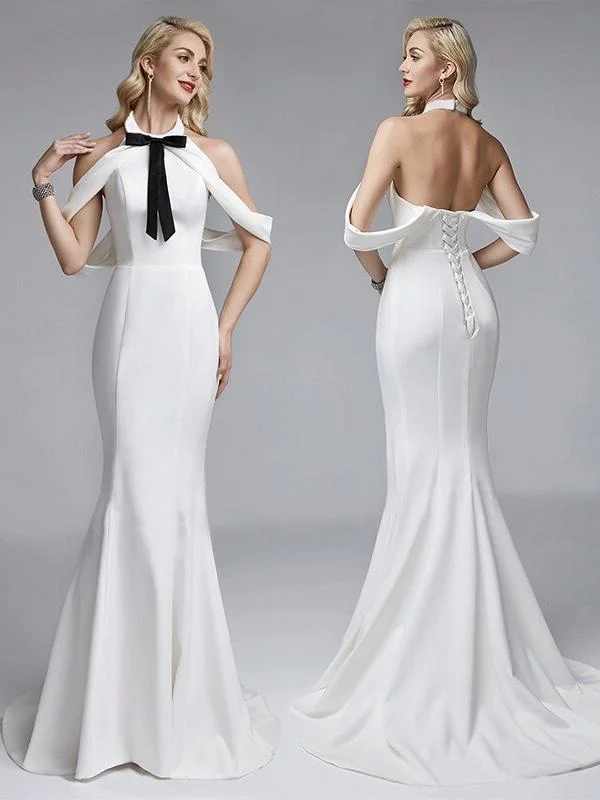White Contrast Bow Backless Sexy Evening Maxi Dress Elegant Maxi Dress with Slit