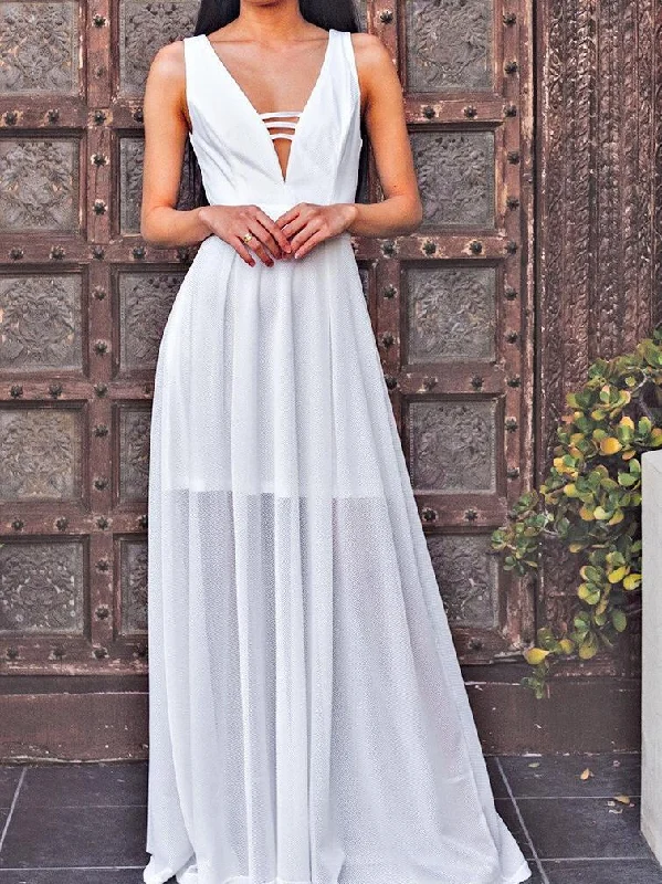 White Deep V Neck Sleeveless Chiffon Evening Maxi Dress Elegant Maxi Dress with Belt White Deep V Neck Sleeveless Chiffon Evening Maxi Dress Elegant Maxi Dress with Belt