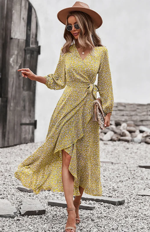 Wrap Maxi Dress Floral  | Long Maxi dress | Maxi Dress with Slit Comfortable Maxi Dress with Sleeves