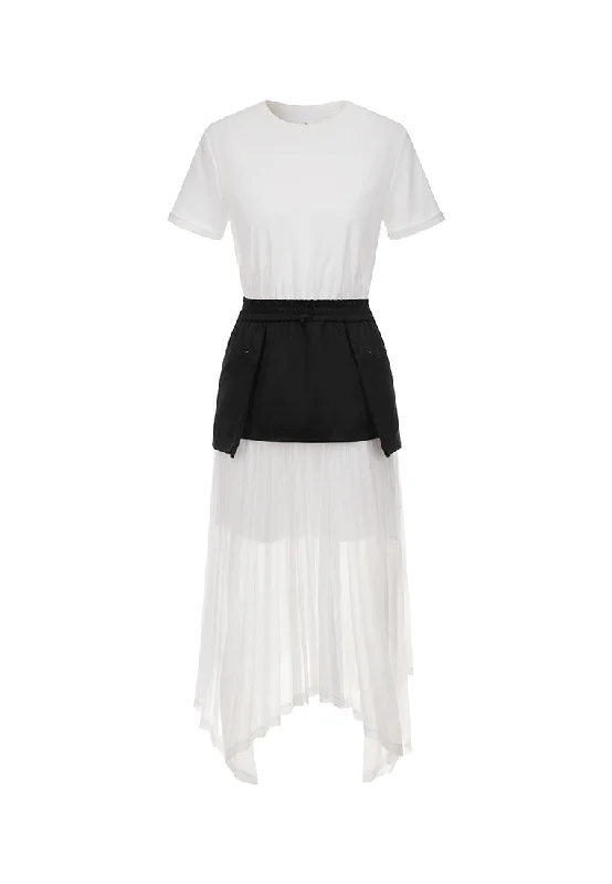 Etoile Structured Double Jersey T-Shirt Dress with Hand-Pleated Panels Hooded Caped Shawl Collar