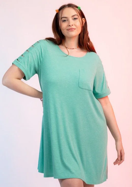 "Born For One Thing" Teal T-Shirt Dress - XL+ Collared T-Shirt Boat Neck A-Line