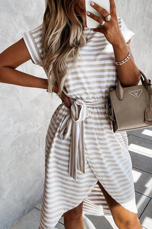 Cruel Summer: Hilton Cotton Blend Khaki & White Striped T-Shirt Dress w/Belt Layered Multi-layer Single Layer Cruel Summer: Hilton Cotton Blend Khaki & White Striped T-Shirt Dress w/Belt Layered Multi-layer Single Layer