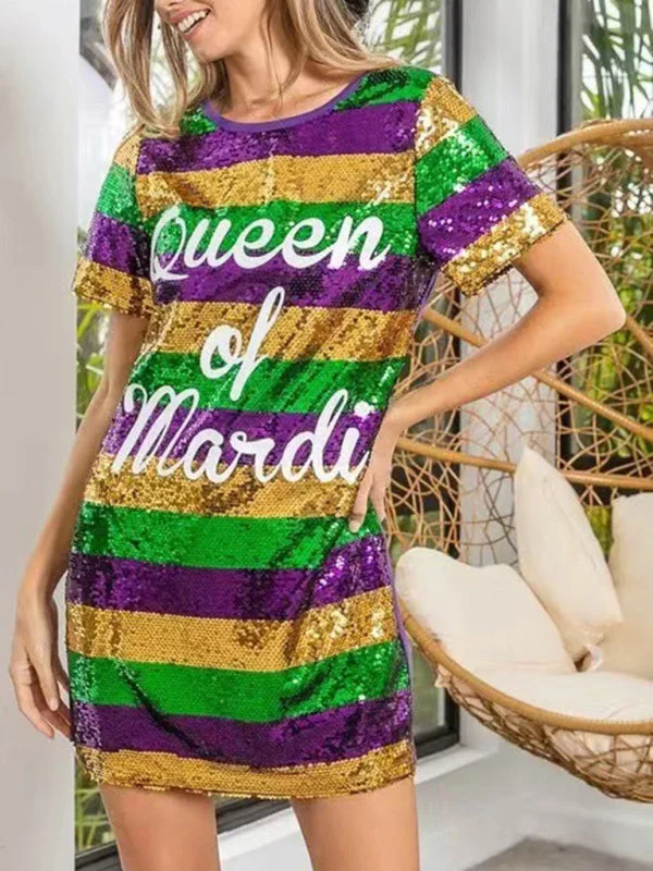 Women's mid-length striped lettering sequined T-shirt dress Chenille Blend Fleece Blend Nylon Blend Women's mid-length striped lettering sequined T-shirt dress Chenille Blend Fleece Blend Nylon Blend