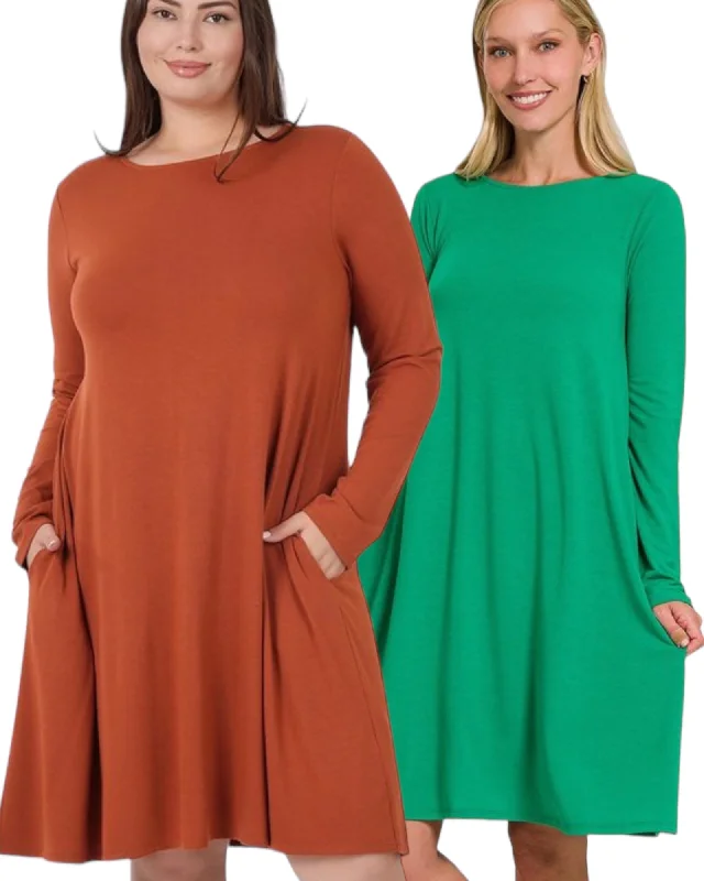 Plus Size Long Sleeve Jersey Flared Swing T-Shirt Tunic Dress with Side Pockets Fashionable Trendy Casual Plus Size Long Sleeve Jersey Flared Swing T-Shirt Tunic Dress with Side Pockets Fashionable Trendy Casual
