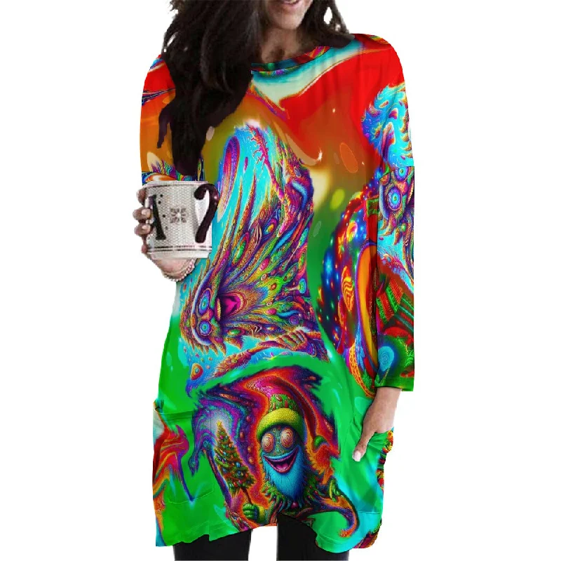 “Psychedelic Christmas Tree People” Long Sleeve T-Shirt Dress - Size 2XS - 6XL Zippered Front Buttoned Front Snap Front “Psychedelic Christmas Tree People” Long Sleeve T-Shirt Dress - Size 2XS - 6XL Zippered Front Buttoned Front Snap Front