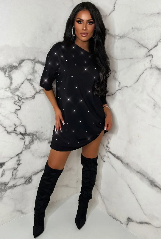 True Diamond Black Gem T-Shirt Dress Basic T-Shirt Crew Neck Short Sleeve