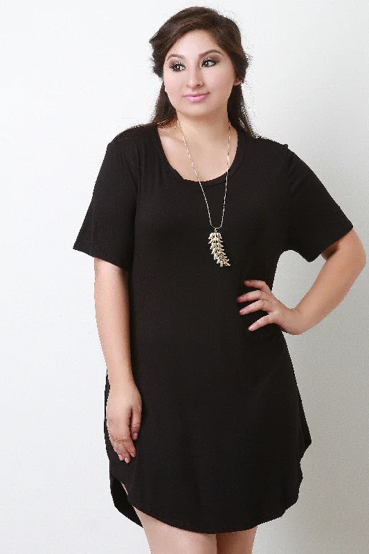 Jersey Knit Open Back Short Sleeves Tunic T-Shirt Dress Print Jacquard Patchwork