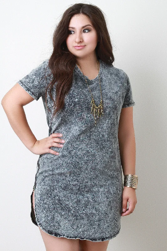 Denim Short Sleeve Tunic T-Shirt Dress Houndstooth Herringbone Solid