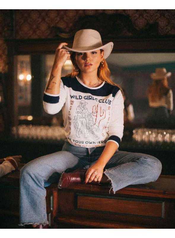 Wildust Sisters Wild Girls Club Long Sleeve T-shirt in White and Blue Ribbed T-Shirt High Neck Heavyweight Wildust Sisters Wild Girls Club Long Sleeve T-shirt in White and Blue Ribbed T-Shirt High Neck Heavyweight