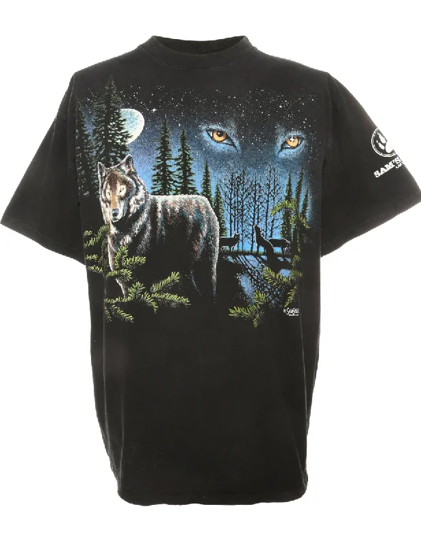 Wolf Print Black Animal T-shirt - L Lace Blend Ribbed Blend Corduroy Blend
