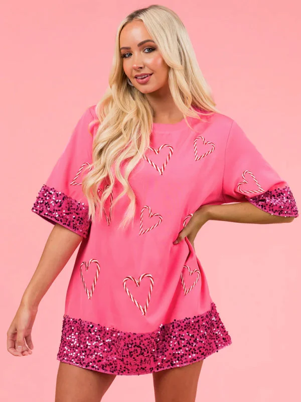Women's Valentine's Day Fashion Casual Printed Sequined Long T-Shirt Mesh Blend Leather Blend Suede Blend Women's Valentine's Day Fashion Casual Printed Sequined Long T-Shirt Mesh Blend Leather Blend Suede Blend