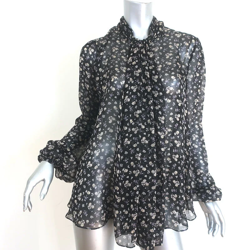 Alexander McQueen Draped-Front Blouse Black Floral Print Silk Chiffon Size 38 Delicate Pleat Blouse