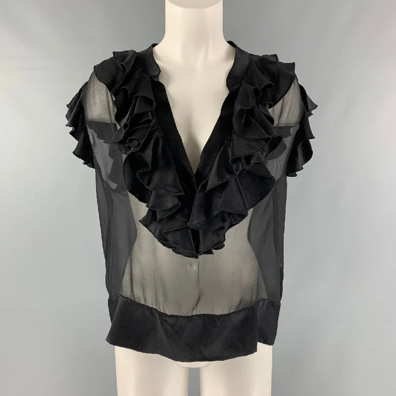 AMANDA UPRICHARD Size L Black Ruffled V-Neck Blouse Loose Fit Blouse