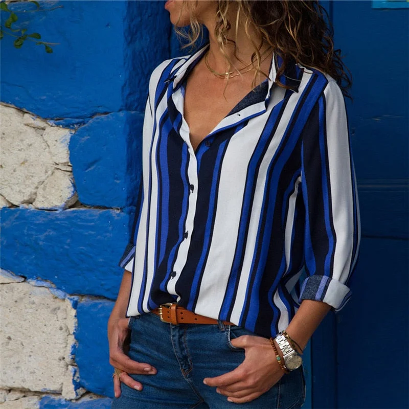 Chiffon Blouse Women Long Sleeve Striped Shirt Chic Off-Shoulder Blouse