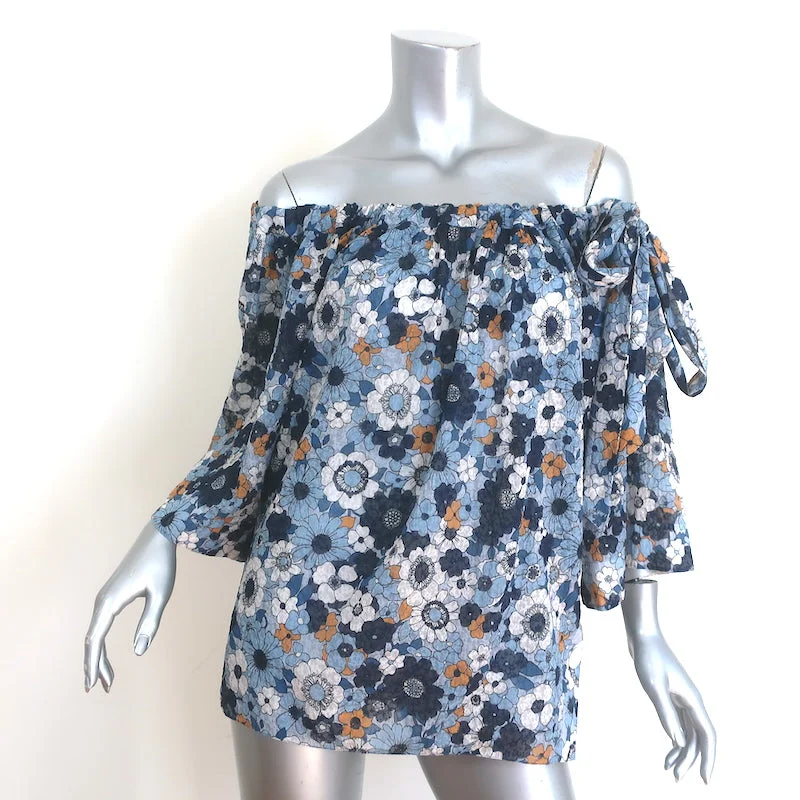Chloe Off the Shoulder Blouse Blue Floral Print Cotton Size 36 Short Sleeve Top Floral Print Blouse