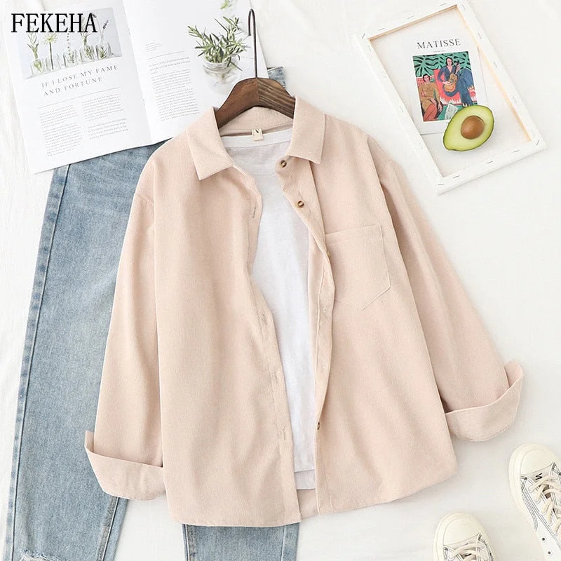 Corduroy Shirts Womens Tops And Blouses Long Sleeve Spring Ladies Solid Loose Boyfriend Style Shirt Casual Button Blouse