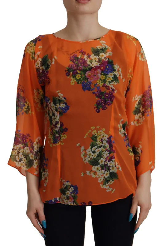 Dolce & Gabbana Elegant Floral Silk Blouse with Back Zipper Ruffled Neck Blouse
