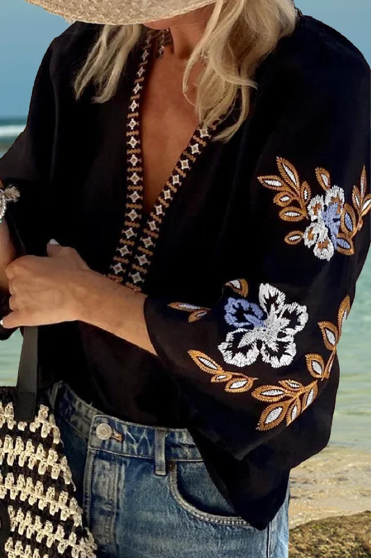Embroidered V-Neck Three-Quarter Sleeve Blouse Boho Printed Blouse