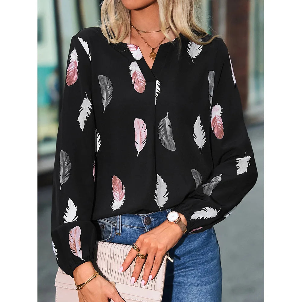 Fashion Feather Pattern Blouse Long Sleeve Elegant Chiffon Modern Oversized Blouse