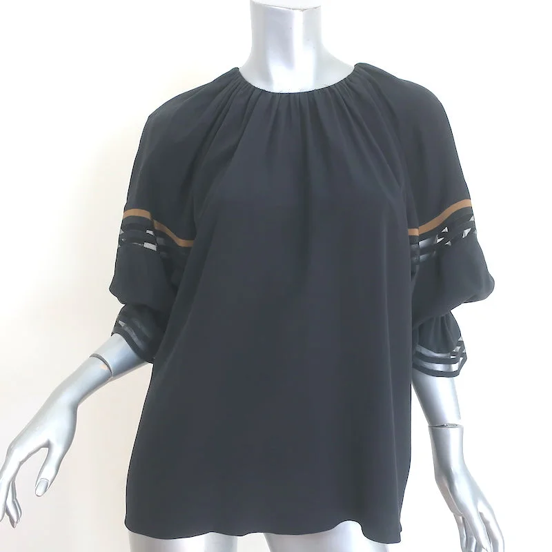 Fendi Ruffle Sleeve Blouse Black Mesh-Trimmed Silk Size 38 Pastel Color Blouse