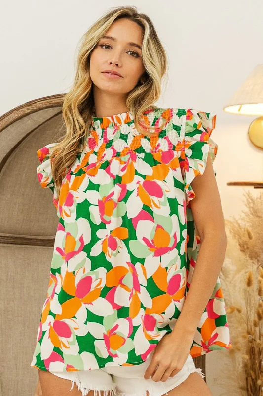 Floral Smocked Ruffled Blouse Satin Bow Blouse