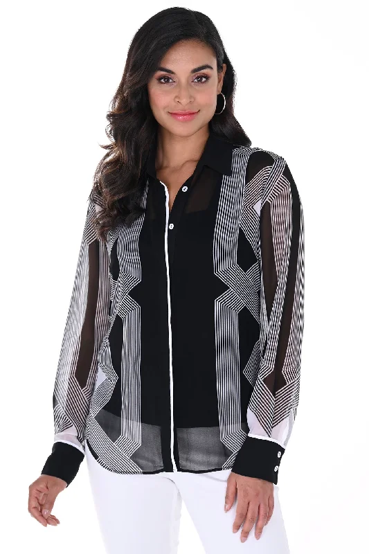 Frank Lyman 246453 Black White Geometric Print Blouse Delicate Pleat Blouse