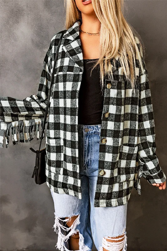 Fringed Plaid Print Shacket Delicate Bow Blouse