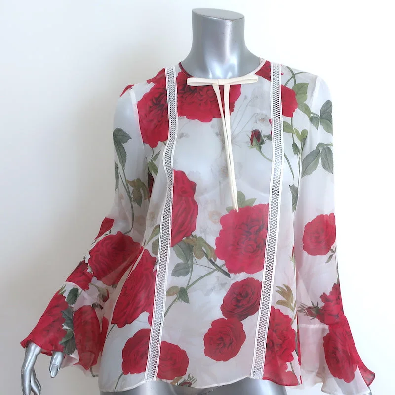 Giambattista Valli Rose Print Bow Blouse White/Red Silk Size 40 Bell Sleeve Top Soft Knit Blouse
