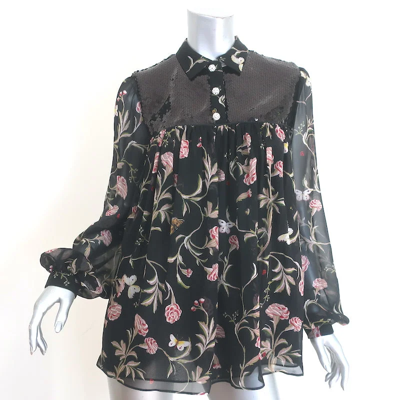 Giambattista Valli Sequined Yoke Blouse Black Floral Print Silk Size 42 NEW Chic Sleeveless Blouse