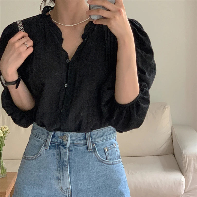 Korean Fashion Sweet Puff Sleeve Blouses Chic Wrap Blouse