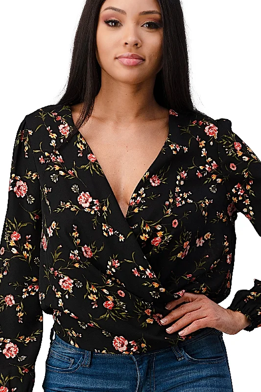 Long Sleeve Floral Surplice Blouse Top Double-Layered Blouse