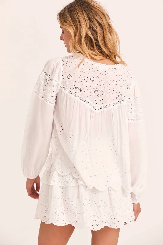 Love Shack Fancy - Badyn Blouse in Antique White Embroidered Cotton Blouse