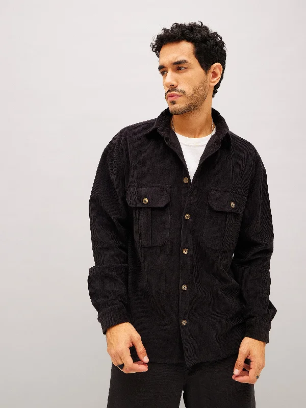Lyush Men Black Corduroy Oversized Shacket Casual Button Blouse