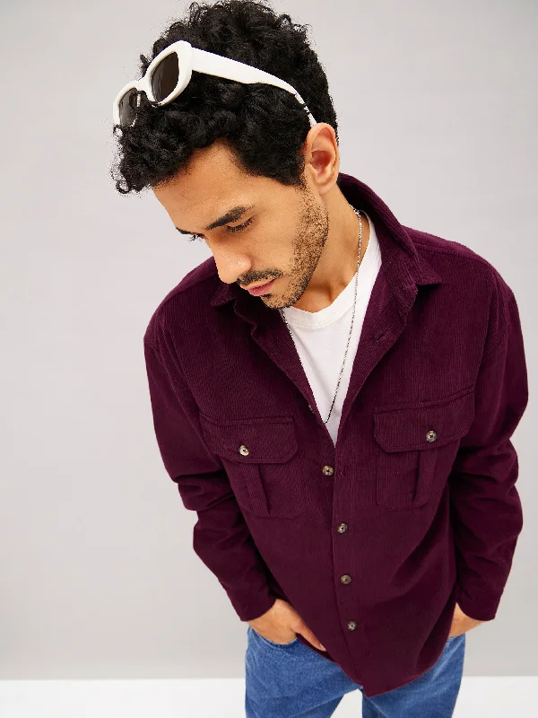Lyush Men Maroon Corduroy Oversized Shacket Business Casual Blouse