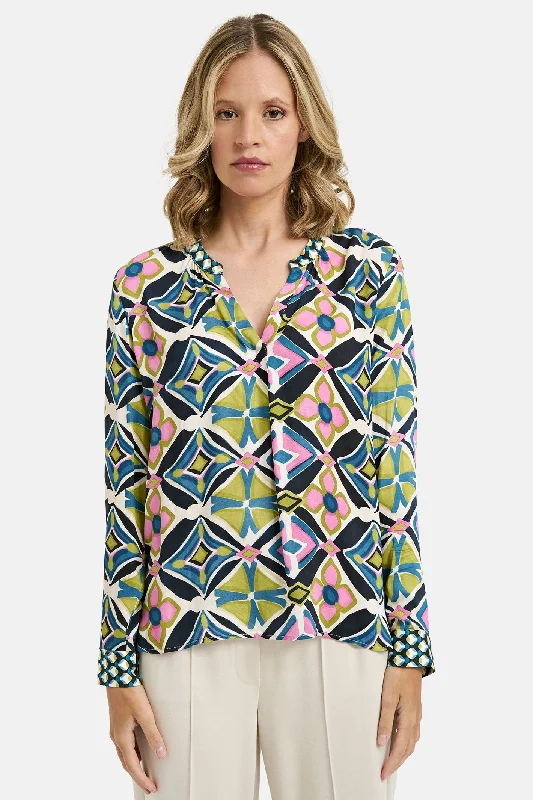 Milano 41-6230-3581 Lime Green Print V-Neck Blouse Feminine Ruffle Blouse