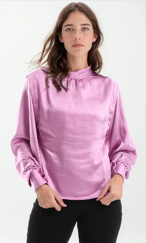 O150980 Lavender Balloon Sleeves Blouse Soft Satin Blouse
