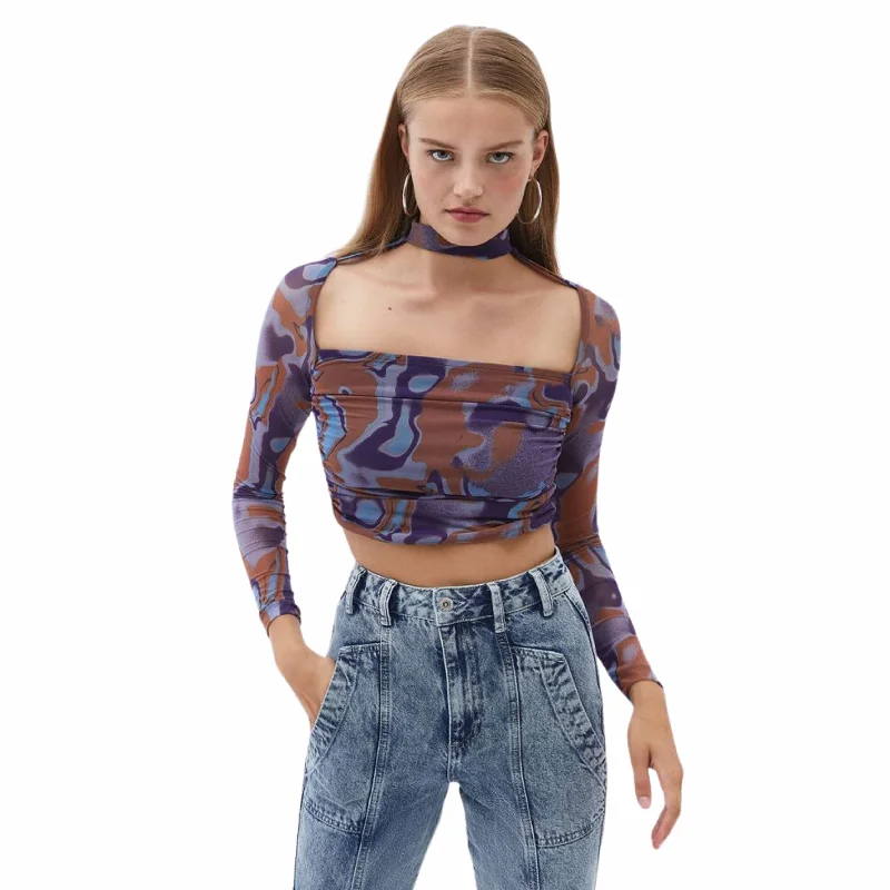 OXXO - Mixed Tulle Crop Blouse Airy Cotton Blouse
