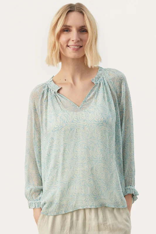 Part Two 30308415 Elsia PW BL Ether Blue Cutout Print Blouse Drape Neck Blouse
