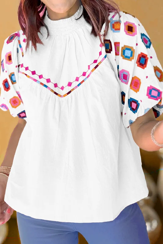 Printed Mock Neck Puff Sleeve Blouse Silky Tunic Blouse